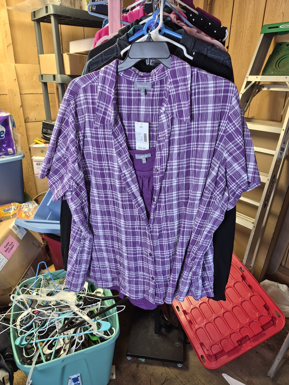 Essentials Purple Plaid Short-Sleeve Button-Down Shirt Bin 66